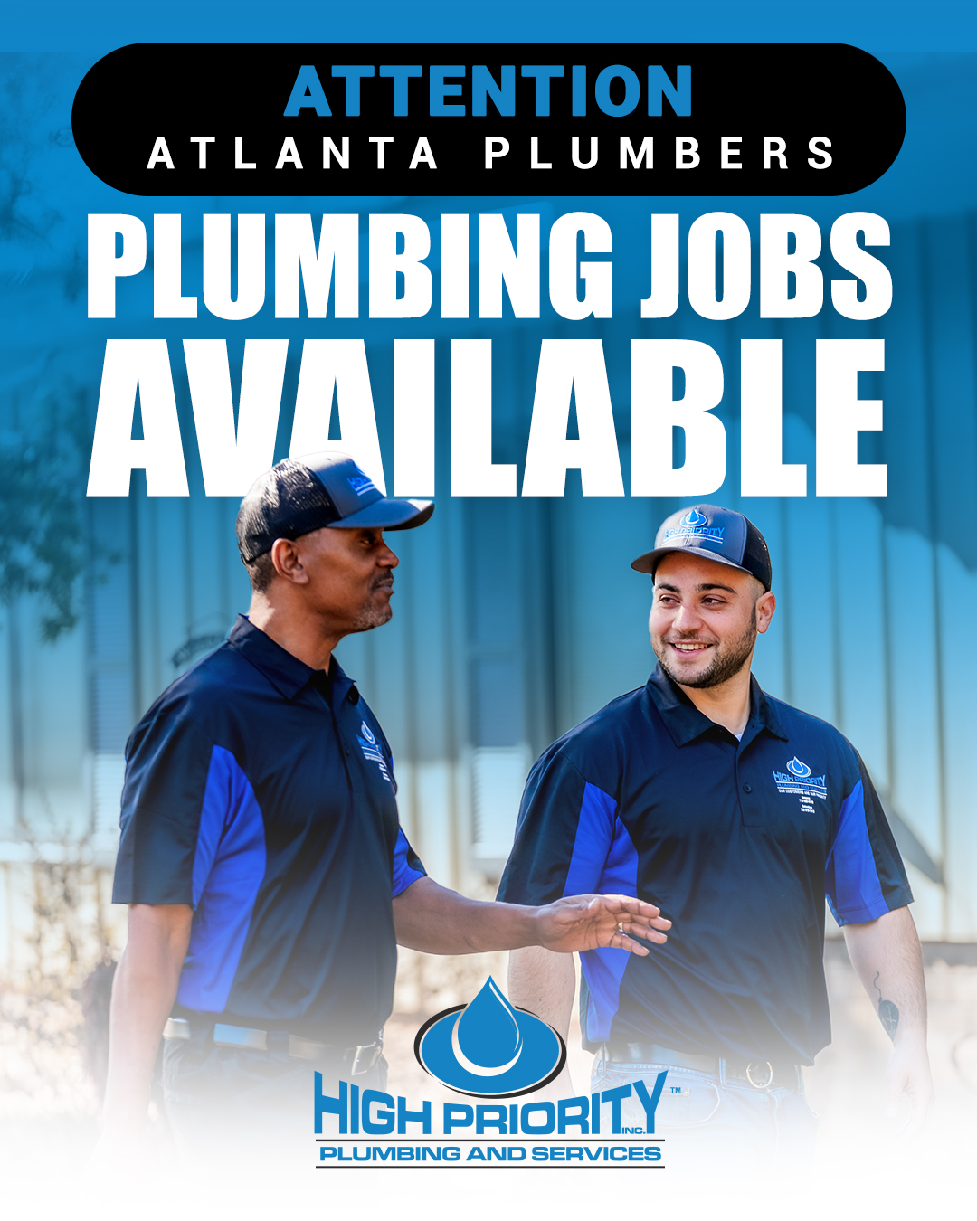 We’re hiring! If you’re an experienced plumber looking for a new opportunity with great benefits and an even greater team, apply at High Priority Plumbing today! #atlantahiring #atljobs #atlantajob